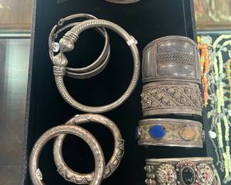 Sterling and Coin Silver bracelets: A superb set of Men's Turkmen Cuffs and Ring with Carnelian Intaglios, Other bracelets include an excellent Tuareg pair, India, Bali, Israeli, Turkmen, etc.