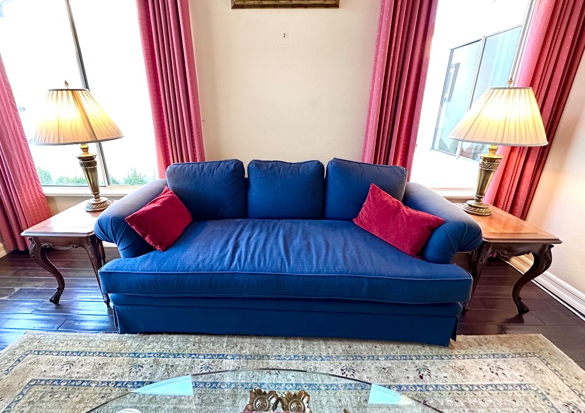 Vintage Marge Carson blue sofa and two Bau Design Side tables