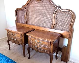 Thomasville Queen Cane headboard and two matching nightstands with drawers.