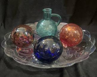 Glass Plate with Fish Design Hand Blown Glass Balls and Small Pitcher