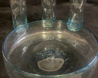 Glass Blown Bowl And Set Of 3 Drinking Glasses