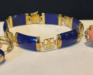 14K Gold Lapis Bracelet And Earrings And 14k Gold Coral Button Earrings