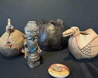 African Carved Figure Leather Tooled Vessel Coconut Carved Dusk Woven  Beaded Gourd