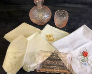 Vintage Handkerchiefs Last Supper Small Pink Dish Pink Glass Carafe  Cup Water Set