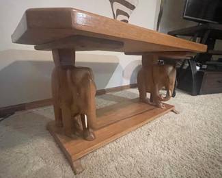 Solid wood table with carved elephants from India, approx 36 x 22 and 17" high, $50