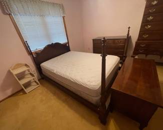 4-Poster wooden full-size bed with boxspring and mattress, $50.  Smaller dresser $50.  Cedar chest $50.  Larger dresser $100.