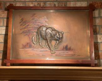 3-D leopard made of copper from South Africa, in wooden frame, approx 33 x 25.  $30