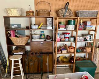 Lots of decor items and vintage media Cabinet/shelf
