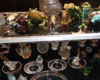 The Lg FrogHereHas Swallowed a Clock The Little Frog, Pig,Blue Bird Box are All Jay Strongwater, Theres More Special Frogs!  Below The Frogs are The lalique Items