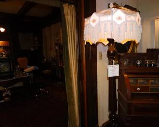 The Long Fringe shade is Custom & New. Hower the Antique Mahogany Stand is Acanthus Carved w/ Reeding