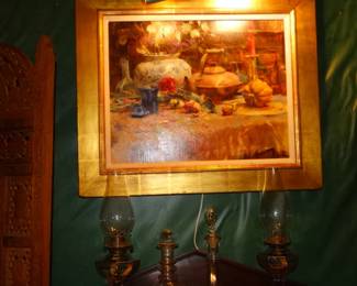 A Nice, Older stilllife on Canvas w/ Kettle, Melon & FLowers