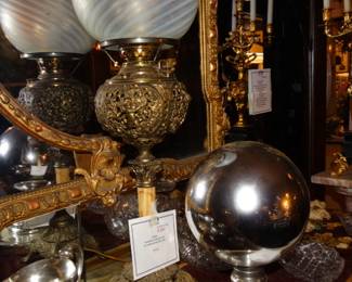 An Electrified Banquet Lamp w/ Swirl Globe & A Mercury Glass Gazeing Ball