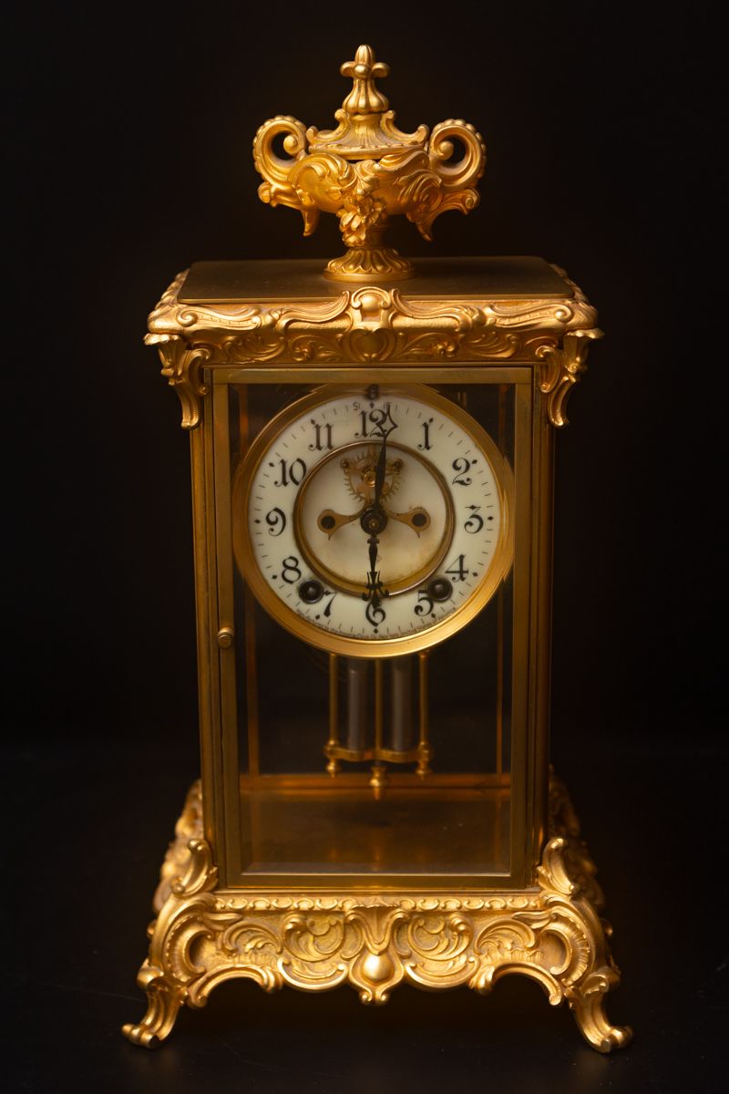 Antique Ansonia Crystal Marquise Brass and Glass Regulator Mantle Clock
