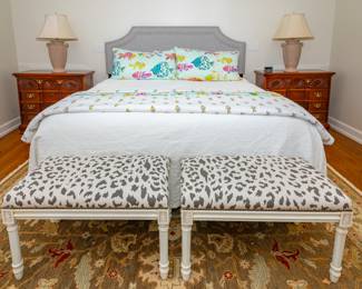 King Size Upholstered Headboard with Beautyrest Black Series Mattress & Boxsprings, American Drew Nightstands, 8' x 10' Safavieh Hand Knotted Flat Woven Rug, Pair Matching Upholstered Benches 19" high x 32" wide x 18" deep