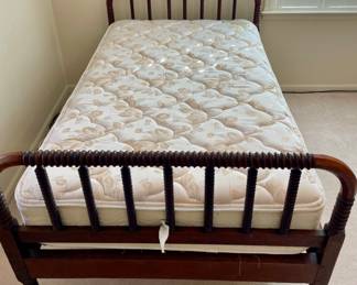 Same item as previous photo — ONE (1) of ONLY 1   Antique Jenny Lind Style 3/4 Style Bed with Custom Made 3/4 Mattress with Bunkie Board —  Footboard is 46 1/4” x overall length is 76 3/4". Headboard and Footboard is 37" tall