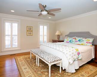 King Size Upholstered Headboard (78" W x 56 3/4" Tall) with Beautyrest Black Series Mattress & Boxsprings, American Drew Nightstands, 8' x 10' Safavieh Hand Knotted Flat Woven Rug, Pair Matching Upholstered Benches 19" high x 32" wide x 18" deep