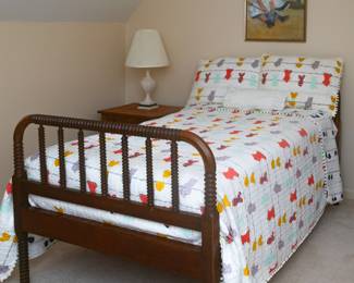 ONE (1) of ONLY 1 —  EXCEPTIONAL Antique Jenny Lind Style 3/4 Style Bed with Custom Made 3/4 Mattress with Bunkie Board —  Footboard is 46 1/4” x overall length is 76 3/4". Headboard and Footboard is 37" tall