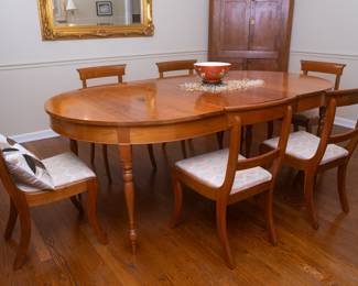 Handmade by Dusty Walls Pegram, TN 1960’s (includes a "The WATERTOWN SLIDE" extension mechanism. Dining Room Table and Chairs. 30 1/4" tall x 46" wide x 59 3/4" long without any leaves — 83 1/4" long with one leaf — 106 3/4" long with 2 leaves. 
