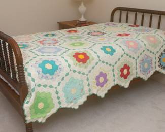 Vintage Quilt — Bed is same item as previous photo and used in this photo to showcase the quilt— This sale ONLY has ONE (1) Jenny Lind Style 3/4 Style Bed with Custom Made 3/4 Mattress in NEW condition with Bunkie Board