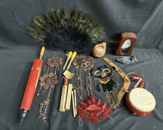 Lot # : 405 - Box of misc. mask, parasol, exotic wood etc.
