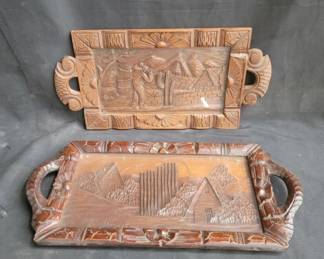 Lot # : 198 - Pair of carved wood trays with glass inserts
