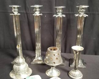 Lot # : 300 - Box of silver plate candleholders, boxes, etc.
