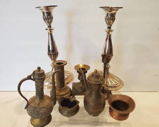 Lot # : 400s - Group of silver plate and brass candlesticks
