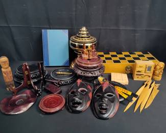 Lot # : 363 - Box of wood pieces, masks, chess board, book,
