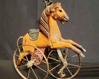 Lot # : 94 - Vintage carved wood and metal horse toy
