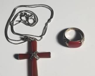 Lot # : 47 - Sterling silver necklace & ring with carnelian
