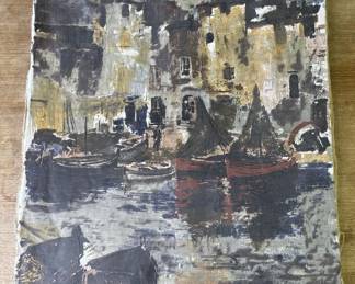 Lot # : 258z - Vintage oil painting on canvas boat theme
