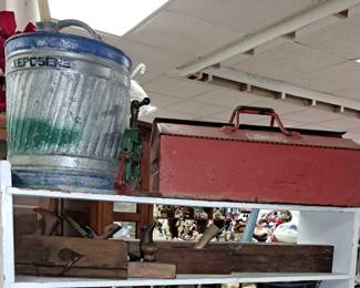 2 tables of modern and vintage tools and related items