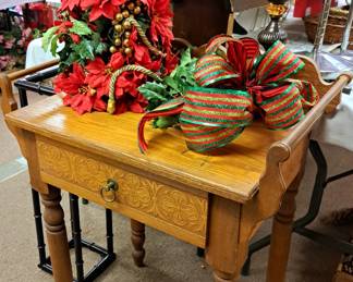 Much antique and modern furniture. Antique spoon carved oak wash stand