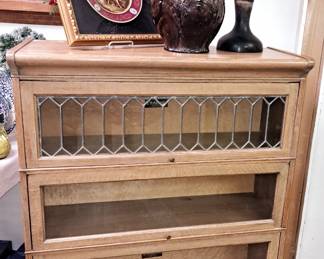 Much antique and modern furniture. Pearson 3 stack lawyer's bookcase, top cabinet with leaded glass front