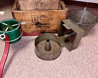 Primitive "Hires Root Beer" wood box and rustic kitchenware