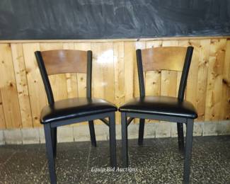 (3) Dark Wood Back And Black Metal Cushioned Black Chairs