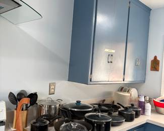 Pots and pans, utensils, dinner plates 