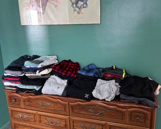 Wooden dresser, men’s clothing