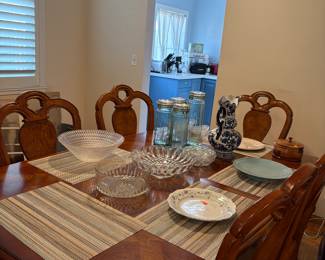 Dining room table, glassware, crystal, containers