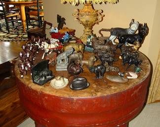 Antique butcher block table & cast iron animals