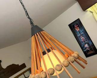 105 Vintage MCM Cork Ball Teak Pendant Lampmin