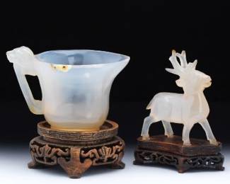 A Chinese Carved Agate Miniature Ewer and Deer