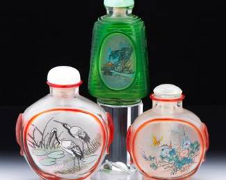 A Group of Three Reverse Painted Peking Glass Snuff Bottles 