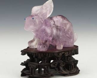 A Carved Amethyst Rabbit Bunny with Blue Eyes 