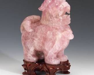 A Chinese Carved Rose Quartz Guardian Lion Shishi Dog Censer 