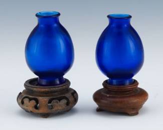 A Pair of Chinese Cobalt Blue Peking Glass Miniature Bottle Vases 