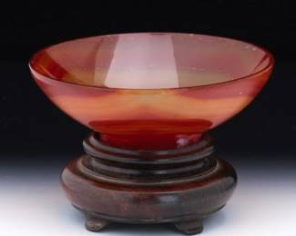 A Chinese Carved Agate Plate on Carved Wood Stand 