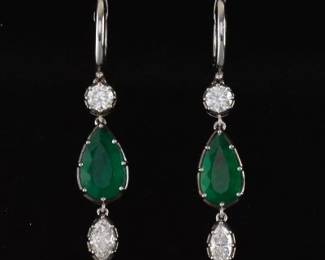 A Pair of Emerald and Diamond Pendant Earrings 
