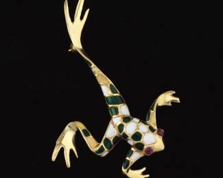 Adorable Gold, Ruby and Multicolour Enamel Frog Pin Brooch 