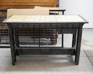 Dark Plastic and Faux Tile Veneer Outdoor Table with Single Drawer